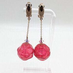 Lewis Segal California Vintage Pink Orb Drop Clip On Earrings Gold Tone Dangle